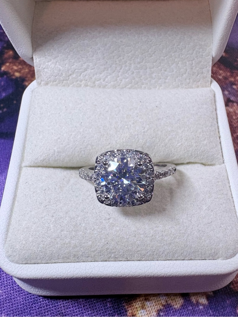 Sparkling Cushion Halo Solitaire Ring in Silver - 2 carat moissanite NWT